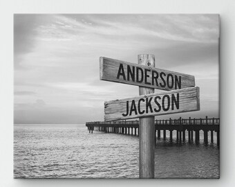 Personalized Street Sign Beach Dock Canvas, Coastal Engagement Gift
