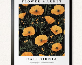 California Poppy Print: Modern Floral Wall Art, Botanical Canvas or Metal