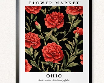 Scarlet Carnation Print: Ohio State Flower, Botanical Wall Art