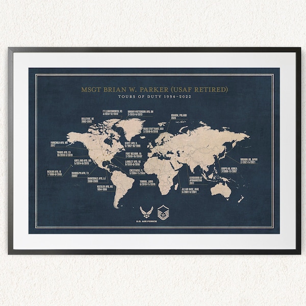 Art mural personnalisé du lieu d'affectation de l'USAF, carte de carrière de soldat personnalisée, panneau d'adieu de l'armée de l'air