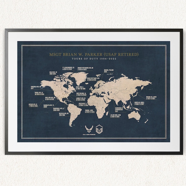 Military Retirement Gift Army or Air Force or Navy, Military Station Map, Duty Station Sign Wall Art, Places We Lived, Military Family Gift