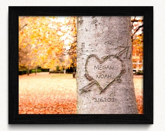 Personalized Names and Heart Carved in Tree Framed Print