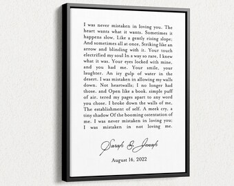 Personalized Large Song Lyric Framed Canvas, Couples Anniversary Gift with Custom Quote
