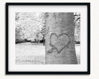 Carved Tree Heart Anniversary Print: Couple Names & Date