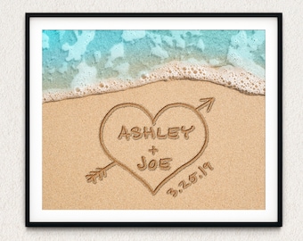 Personalized Heart in Sand Beach Wedding Canvas Art, Nautical Engagement Present