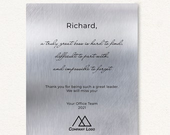 Leader Appreciation Gift, Personalized Boss Retirement Gift, Boss Leaving Gift, Corporate Logo Gifts, Custom Metal Quote