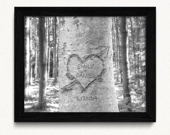 Personalized Framed Couple Names Tree Art, Carved Heart with Initial, Anniversary Gift