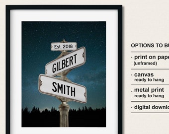 Street Sign Wedding Gift with Starry Night Sky, Unique Engagement Gift for Couple, Personalized Crossroad Sign on Canvas, Paper or Metal