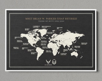 Personalized Air Force Retirement Canvas, Duty Station Map