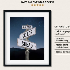 Street Sign Anniversary Gift for Couples with Mountain and Starry Sky, Custom Names Engagement Gift for Couple, Intersection Sign Canvas