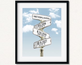 Personalized Couples Street Sign Art, Met Engaged Married Dates, Anniversary Gift