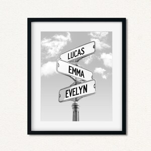 May include: Black and white photo of a street sign with the names Lucas, Emma, and Evelyn on it. The sign is against a cloudy sky.