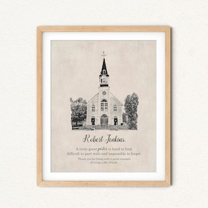 May include: A black and white illustration of a church with a steeple and a cross on top. The text "Robert Jenkins. A truly great pastor is hard to find, difficult to part with and impossible to forget. Thank you for being such a great example of living a life of faith." is below the image.