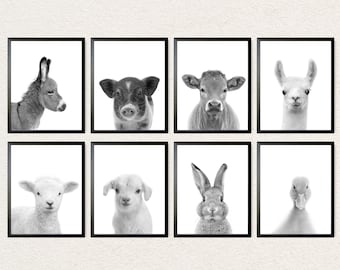Farm Animal Nursery Prints: Black and White Farmhouse Decor (Set of 8)