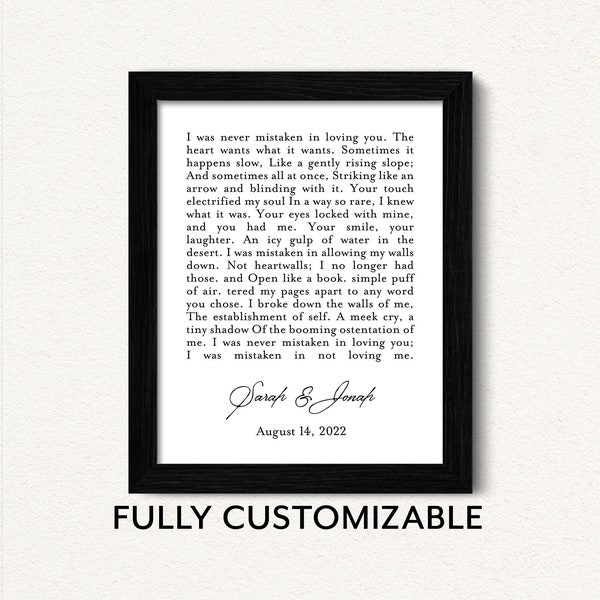 Framed Custom Text Print, Framed Custom Poem, Personalized Anniversary Gift for Couples, Custom Song Lyrics Art, Best Man Speech