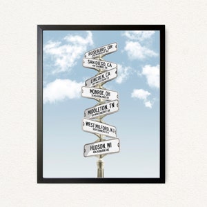 May include: A silver street sign with a black background and white text. The sign is pointing in multiple directions with the names of different cities and states. The sign is against a blue sky with white clouds.