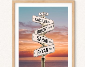 Ocean Street Sign Art with Names Dates: Personalized Blended Family Gift with Sunset