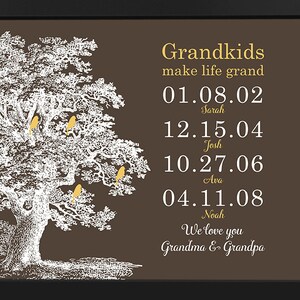 May include: A framed print with a brown background and a white tree with yellow birds. The text reads "Grandkids make life grand" and lists names and dates. The text "We love you Grandma & Grandpa" is at the bottom.