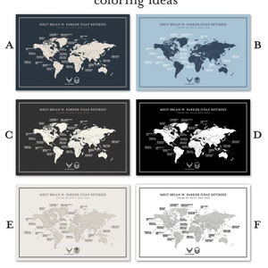 May include: A world map with different color backgrounds. The map is labeled with the text "MSGT BRIAN W. PARKER (USAF RETIRED)" and "TOURS OF DUTY 1994-2022". The map is shown in six different color combinations: blue and beige, light blue and dark blue, black and beige, black and white, beige and white, and white and gray.