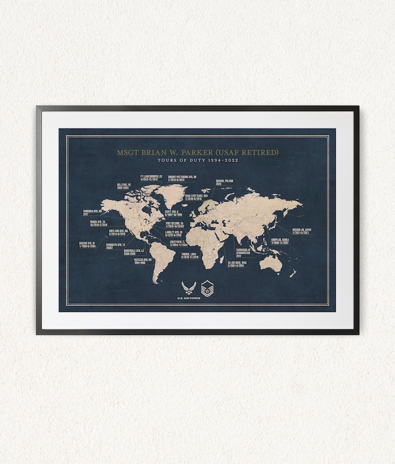 May include: A blue world map with white markings showing the locations of various military bases. The text "MSGT BRIAN W. PARKER (USAF RETIRED) TOURS OF DUTY 1994-2022" is at the top of the map. The U.S. Air Force emblem is at the bottom of the map.