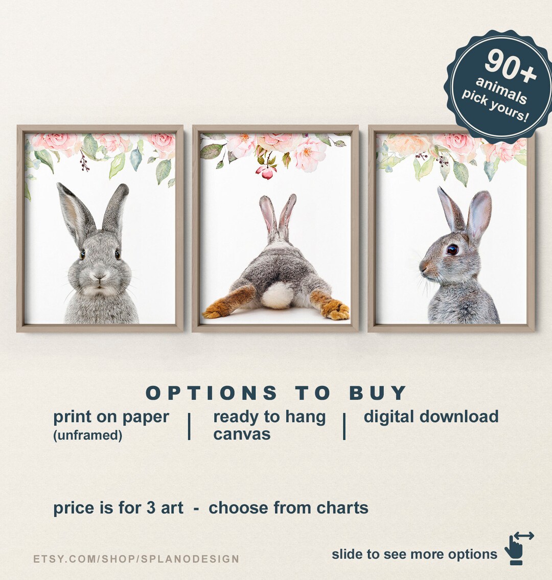 Bunny Nursery Prints, Pink Floral Crown, Baby Girl Wall Decor (set of 3 ...