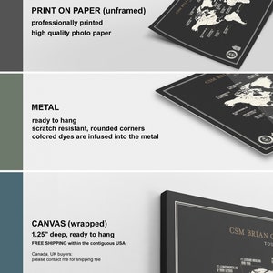 May include: A black and white world map print with gold text and a gold seal. The print is available in three different formats: paper, metal, and canvas. The canvas print is 1.25 inches deep.