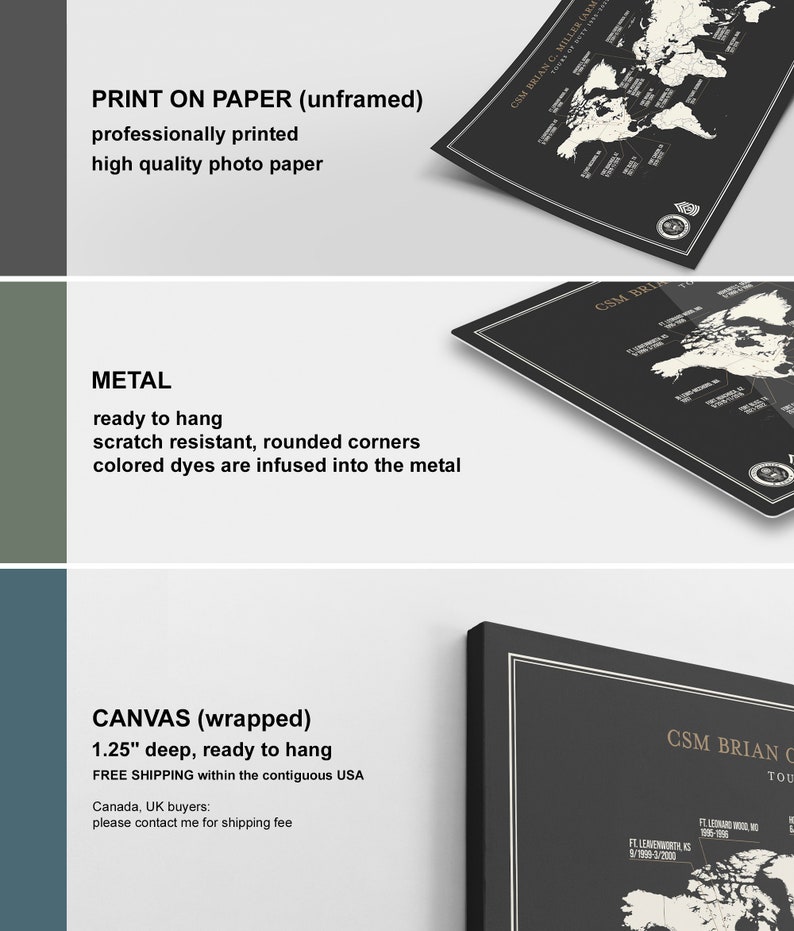 May include: A black and white world map print with gold text and a gold seal. The print is available in three different formats: paper, metal, and canvas. The canvas print is 1.25 inches deep.