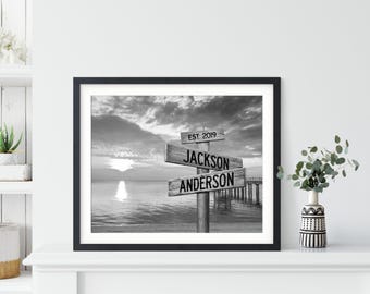 Impression personnalisée sur toile coucher de soleil sur la plage, cadeau de mariage sur un quai océanique, art de fiançailles de plaque de rue côtière