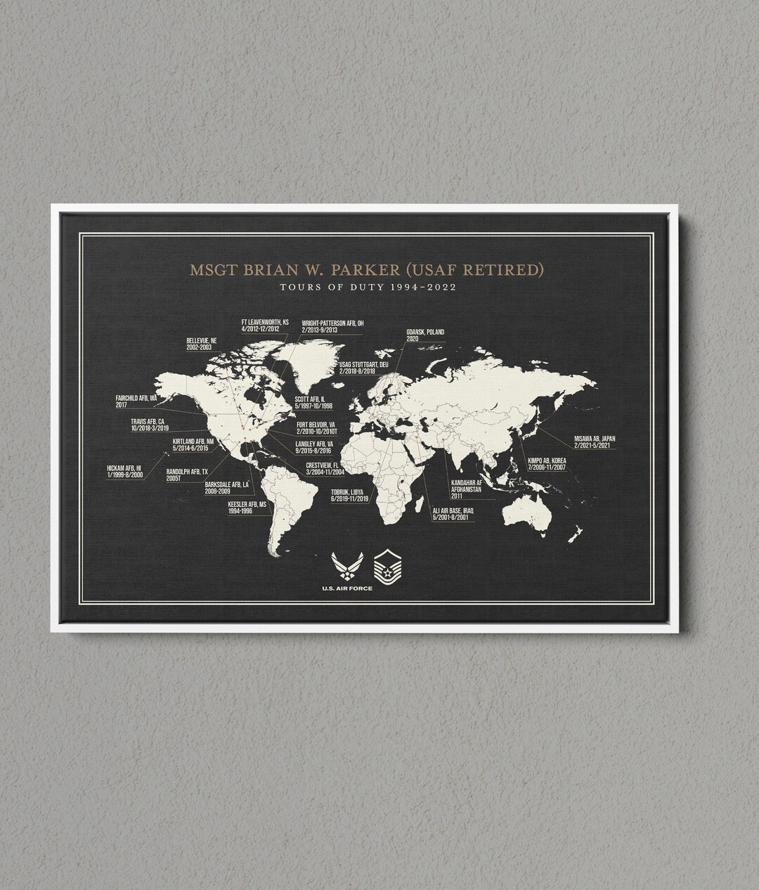 Personalized Air Force Retirement Gift on Framed Canvas, Duty Station
