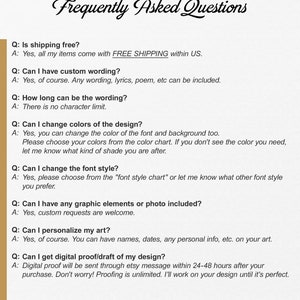 May include: Frequently Asked Questions about shipping, customization, and design options for personalized art.  The text includes information about free shipping within the US, custom wording, color and font style changes, graphic elements, personalization, and digital proofs.