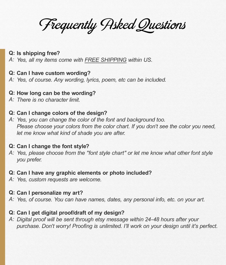 May include: Frequently Asked Questions about shipping, customization, and design options for personalized art.  The text includes information about free shipping within the US, custom wording, color and font style changes, graphic elements, personalization, and digital proofs.
