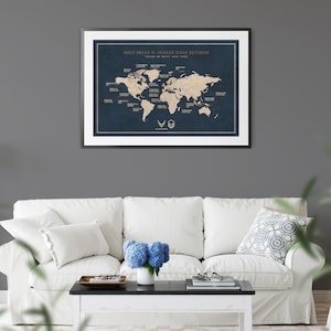 May include: A framed world map with a navy blue background and gold text. The map shows the locations of various military deployments. The text at the top reads "MSGT BRIAN W. PARKER (USAF RETIRED) TOURS OF DUTY 1994-2022".