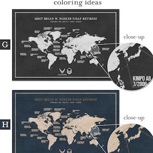 May include: Two versions of a world map with a vintage textured background. The map is in black and white with a blue background. The map shows the locations of various military bases around the world. The text "MSGT BRIAN W. PARKER (USAF RETIRED) TOURS OF DUTY 1994-2022" is at the top of the map. A close-up of the map shows the location of Kimpo AB, South Korea, with the date 7/2006.