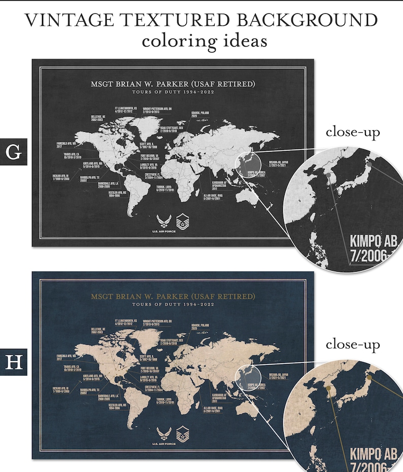 May include: Two versions of a world map with a vintage textured background. The map is in black and white with a blue background. The map shows the locations of various military bases around the world. The text "MSGT BRIAN W. PARKER (USAF RETIRED) TOURS OF DUTY 1994-2022" is at the top of the map. A close-up of the map shows the location of Kimpo AB, South Korea, with the date 7/2006.