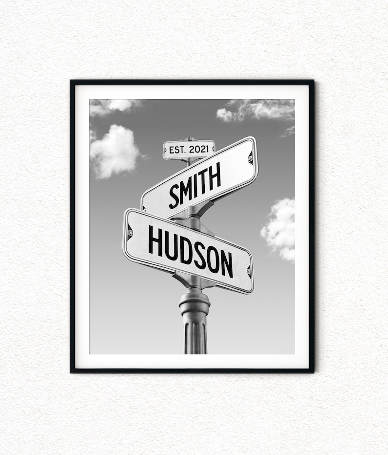 Personalized Street Sign Engagement Gift: Couple Names, Wedding Home Decor Black & White
