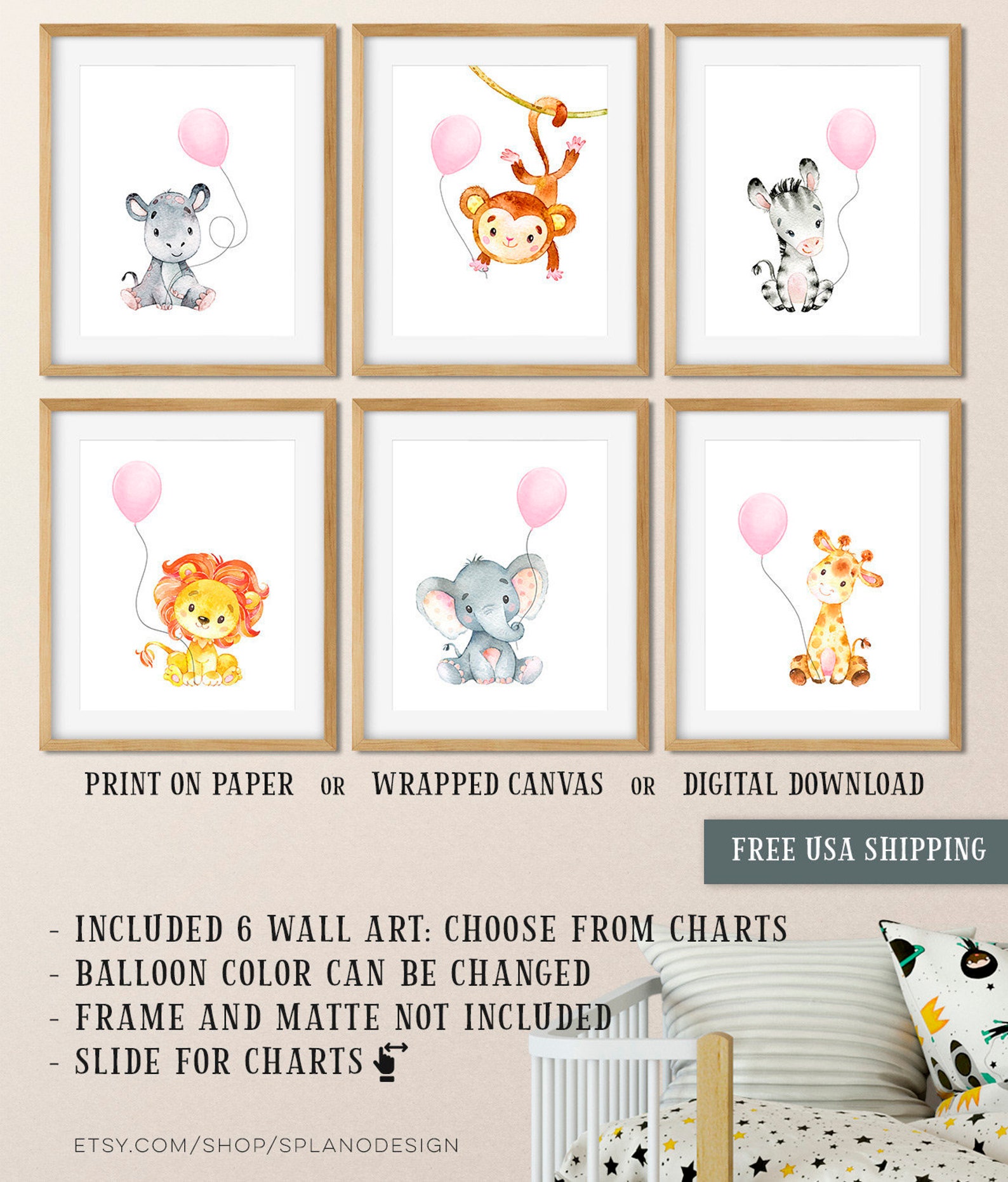 Safari Baby Girl Nursery Animals With Balloon Pink Etsy