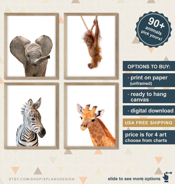 → View on Etsy: Safari Animal Nursery Prints: Elephant, Monkey, Zebra, Giraffe (Set of 4) Safari Animal Nursery Prints: Elephant, Monkey, Zebra, Giraffe (Set of 4)