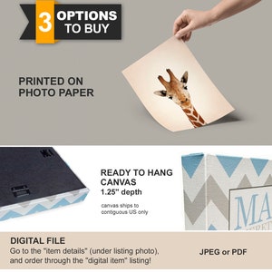 K&ouml;nnte beinhalten: Drei M&ouml;glichkeiten, einen Giraffen-Druck zu kaufen: eine digitale Datei, einen Druck auf Fotopapier oder eine fertig zum Aufh&auml;ngen bereitgestellte Leinwand mit einer Tiefe von 3,18 cm. Die Leinwand ist grau und blau mit einem Chevron-Muster. Die digitale Datei ist als JPEG oder PDF verf&uuml;gbar.
