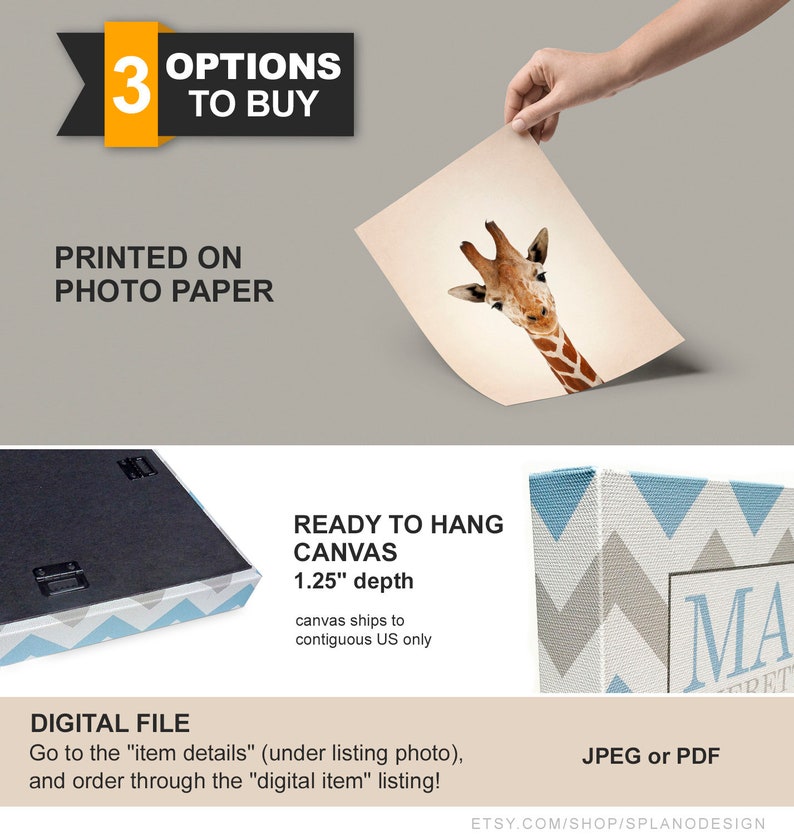 K&ouml;nnte beinhalten: Drei M&ouml;glichkeiten, einen Giraffen-Druck zu kaufen: eine digitale Datei, einen Druck auf Fotopapier oder eine fertig zum Aufh&auml;ngen bereitgestellte Leinwand mit einer Tiefe von 3,18 cm. Die Leinwand ist grau und blau mit einem Chevron-Muster. Die digitale Datei ist als JPEG oder PDF verf&uuml;gbar.