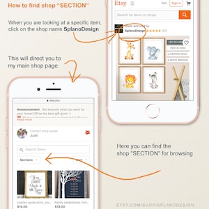 K&ouml;nnte beinhalten: Ein Screenshot einer Etsy-Shop-Seite, der zeigt, wie man eine Shop-Sektion findet. Der Shop-Name ist SplanoDesign. Der Shop verkauft digitale Downloads und Drucke von Tierillustrationen. Der Text auf dem Bildschirm lautet "Wie man den Shop "SECTION" findet" und "Hier finden Sie den Shop "SECTION" zum St&ouml;bern".