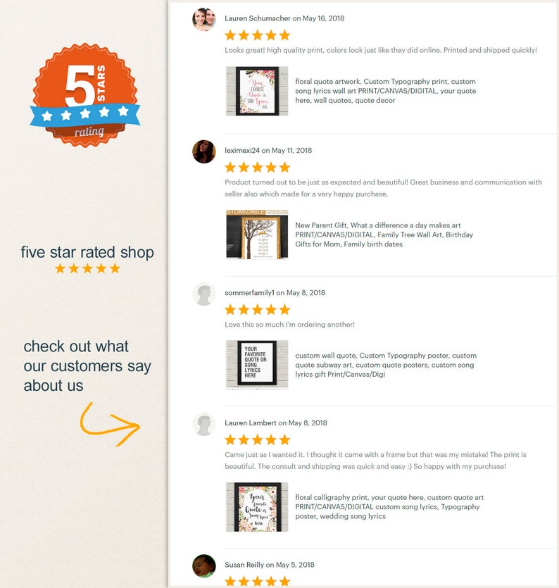 K&ouml;nnte beinhalten: F&uuml;nf Sterne Bewertungen f&uuml;r einen Shop, der personalisierte Typografie-Drucke, Wandkunst und Songtexte verkauft. Die Bewertungen heben die Qualit&auml;t der Drucke, die Geschwindigkeit des Versands und den Kundenservice hervor. Der Shop bietet eine Vielzahl von Designs, darunter Blumen, Stammb&auml;ume und Zitate.