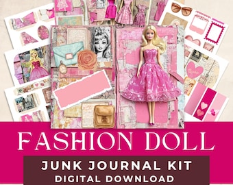 Kit voor modepoppen met dagboeken | Pagina's, ephemera, folio's, tags | Digitaal plakboekpapier| Harten | 300 dpi