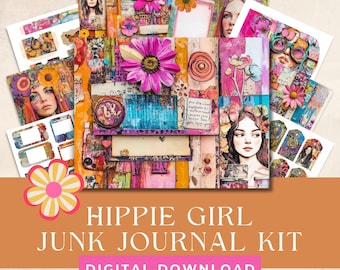 Hippie Girl Junk Journal Kit: afdrukbare ephemera, tags (digitale download)
