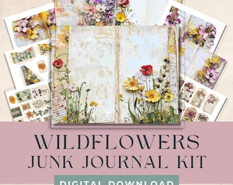 Wildflowers-junkjournaalkit: bloemen, ephemera, tags (digitale download)