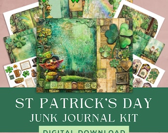 St. Patrick's Day Junk Journal Kit: klaver, kortstondige, pagina's (digitale download)
