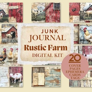 Kit de diario digital rústico de granja: páginas, efímeras, tarjetas, etiquetas, papel digital para scrapbooking, campestre, vacas, pollos, cerdos, 300 DPI, 21 páginas