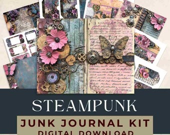 Steampunk Junk Journal Kit: afdrukbare ephemera, pagina's, tags (digitale download)