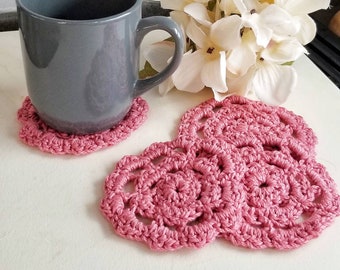 Crochet coffee and drink coasters, set of 4, pink
