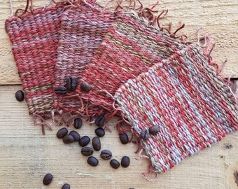 Hand woven coffee and drink coasters, set of 4, burnt red / brown