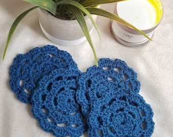 Crochet coffee and drink coasters, set of 4, blue